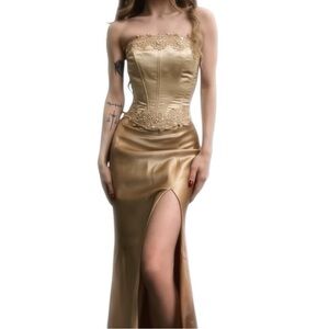 Strapless Two Piece Beaded Corset & Satin Skirt Evening Gown